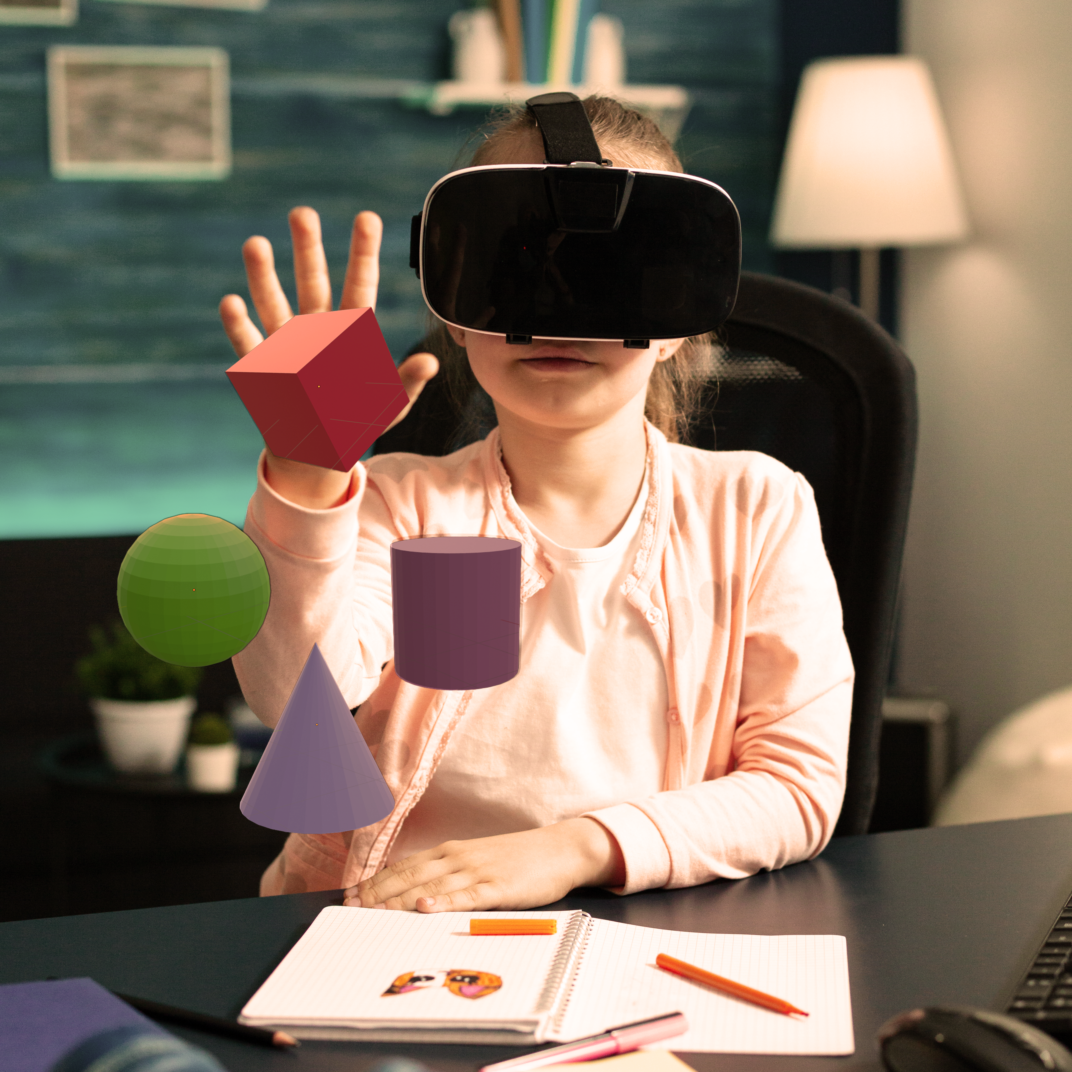 Girl wearing a VR headset while using Augmented Reality to see 3D digital shapes