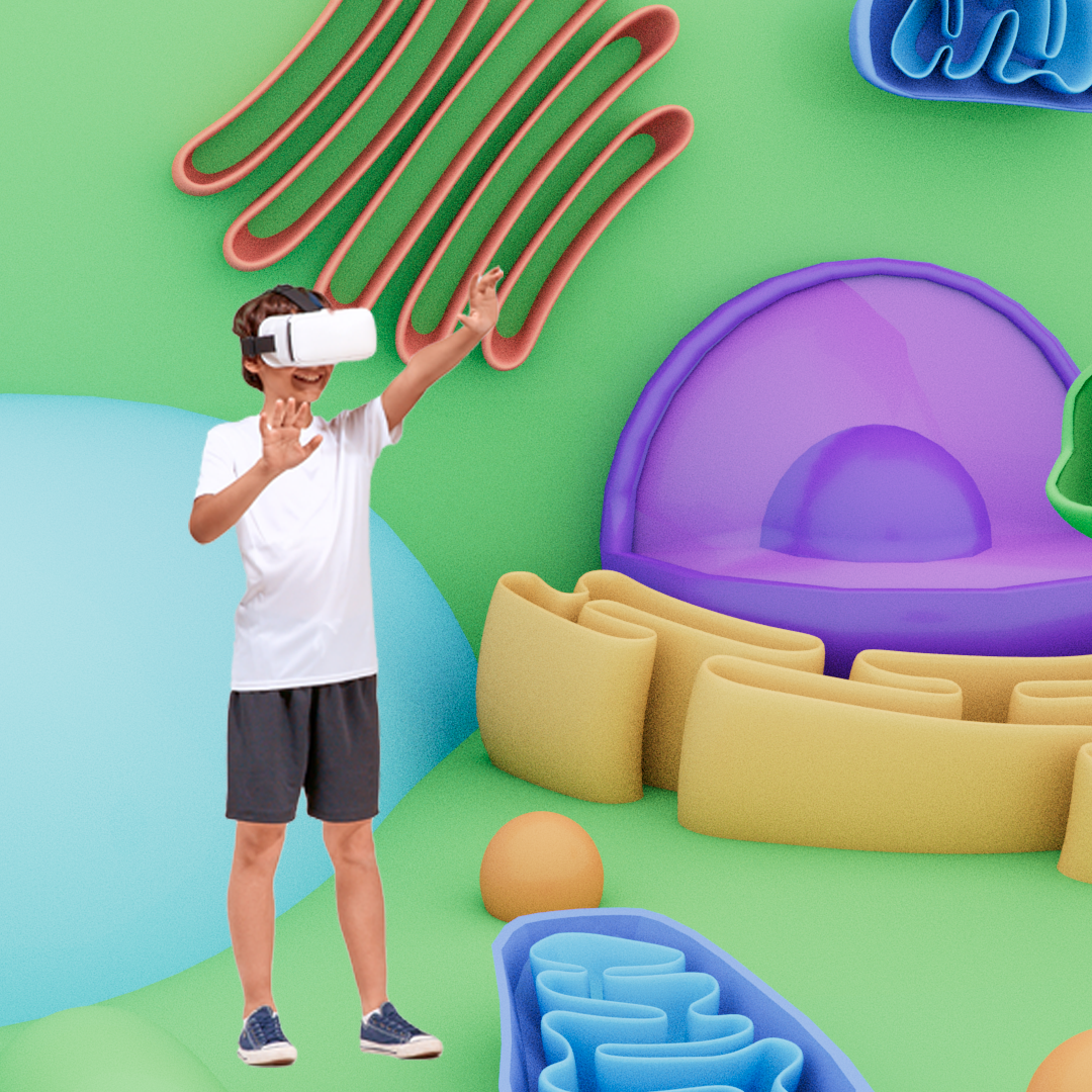 Boy wearing a headset inside the VR Plant Cell experience